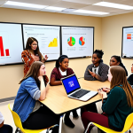 **

A diverse group of students collaborating on a project in a vibrant, modern learning space. Some students are using laptops, others are discussing ideas, and one is presenting a concept on a whiteboard. The atmosphere is energetic and collaborative. Focus on showing the development of socio-emotional skills like communication and teamwork.

**