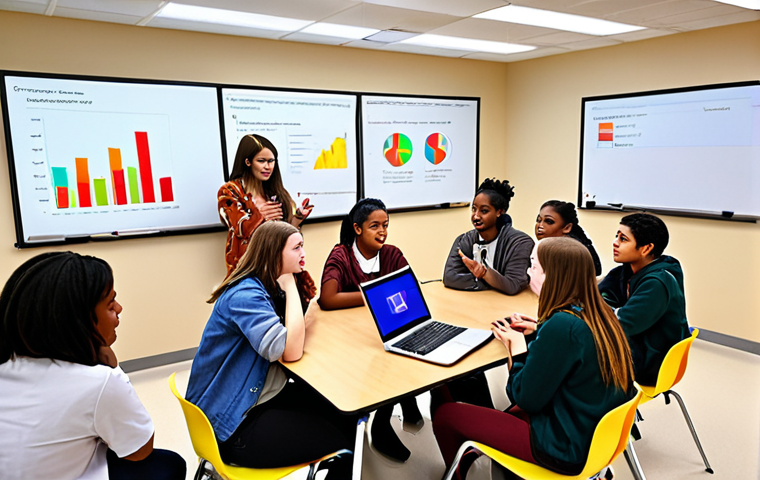 **
A diverse group of students collaborating on a project in a vibrant, modern learning space. Some students are using laptops, others are discussing ideas, and one is presenting a concept on a whiteboard. The atmosphere is energetic and collaborative. Focus on showing the development of socio-emotional skills like communication and teamwork.
**