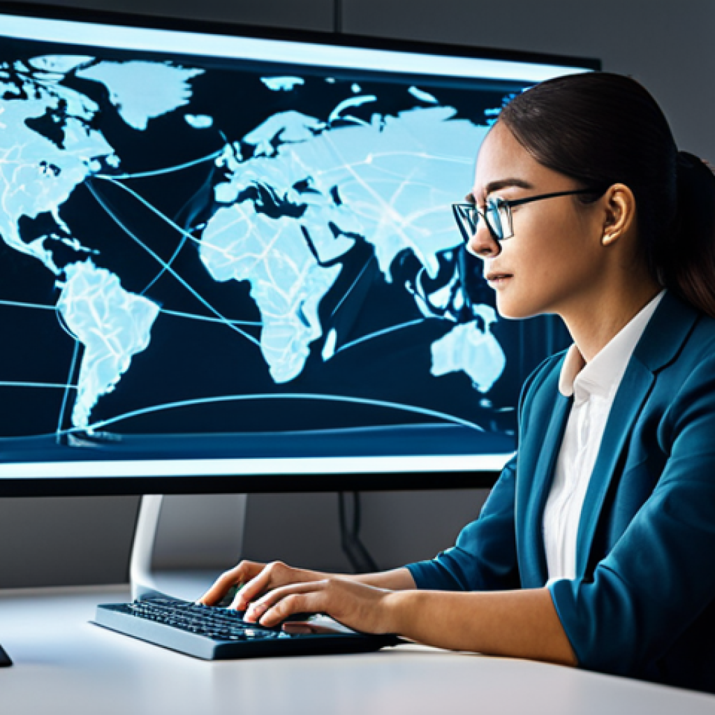 A professional individual, fully clothed in a modest, modern business casual attire, seated at a sleek, ergonomic desk. The individual is focused on a holographic interface displaying abstract symbols of global knowledge, diverse data streams, and interconnected networks, symbolizing autonomous and multicultural learning. The background is a clean, contemporary study space with soft, natural lighting, blending into abstract, ethereal glowing lines that represent global connectivity. The individual has perfect anatomy, natural pose, well-formed hands, and correct proportions. Professional photography, high resolution, ultra detail, safe for work, appropriate content, fully clothed, professional.