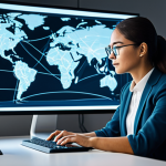 A professional individual, fully clothed in a modest, modern business casual attire, seated at a sleek, ergonomic desk. The individual is focused on a holographic interface displaying abstract symbols of global knowledge, diverse data streams, and interconnected networks, symbolizing autonomous and multicultural learning. The background is a clean, contemporary study space with soft, natural lighting, blending into abstract, ethereal glowing lines that represent global connectivity. The individual has perfect anatomy, natural pose, well-formed hands, and correct proportions. Professional photography, high resolution, ultra detail, safe for work, appropriate content, fully clothed, professional.