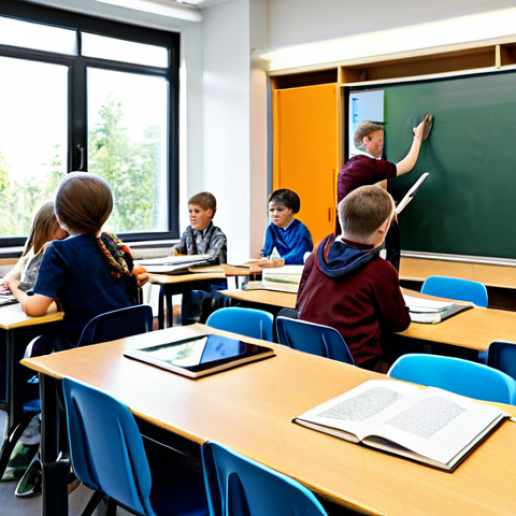 자율적 교육 방법론의 교육 정책 - Modern Classroom with Active Learning**
"A bright, modern classroom filled with students engaged in...