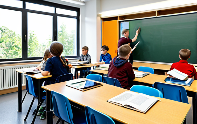 자율적 교육 방법론의 교육 정책 - Modern Classroom with Active Learning**
"A bright, modern classroom filled with students engaged in...