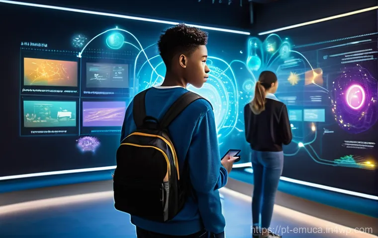 자율적 교육 방법론의 교육 경영적 측면 - **A Diverse Student Navigating a Personalized Digital Learning Universe:**
A vibrant, futuristic...