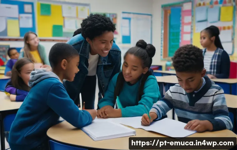 자율적 교육 방법론의 글로벌 사례 - A lively democratic school classroom scene in the United States featuring diverse students and teach...
