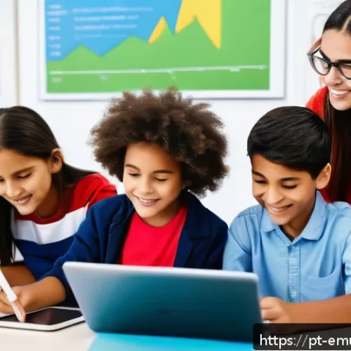 Home 33 자율적 학습과 혁신적 사고 - A vibrant Brazilian classroom scene showing diverse students of various ages engaging actively with ...