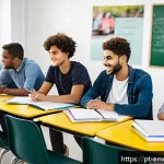 Home 20 자율적 교육에서의 피드백 중요성 - A modern Brazilian classroom scene showing diverse young adults engaged in a collaborative feedback ...