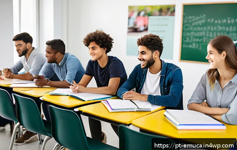 자율적 교육에서의 피드백 중요성 - A modern Brazilian classroom scene showing diverse young adults engaged in a collaborative feedback ...