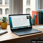 Home 18 자율적 학습을 위한 정보 활용법 - A cozy home study setup featuring a modern desk with a laptop open to a digital note-taking app like...