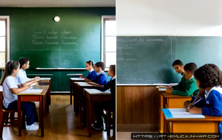 Home 17 자율적 교육 방법론과 전통 교육의 차이점 - Photorealistic split-screen comparison inside a warm Portuguese-language community school classroom,...